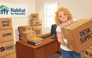 Cartoon illustration of Spencer County Habitat for Humanity office move featuring Executive Director Jenny Thomas, desk, and moving boxes.