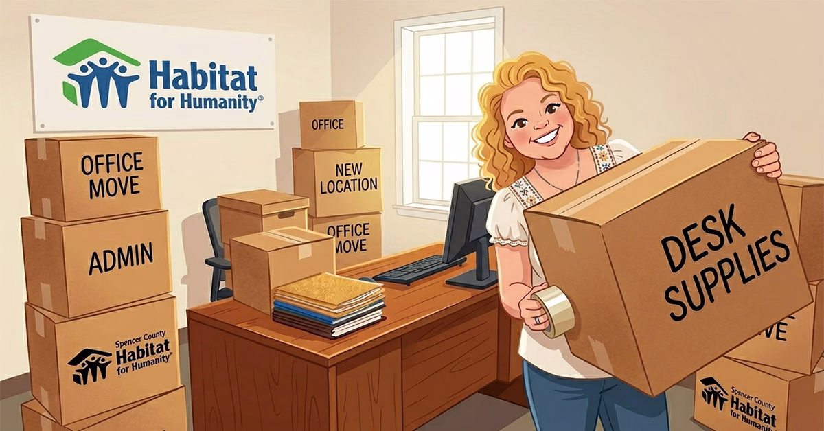 Cartoon illustration of Spencer County Habitat for Humanity office move featuring Executive Director Jenny Thomas, desk, and moving boxes.